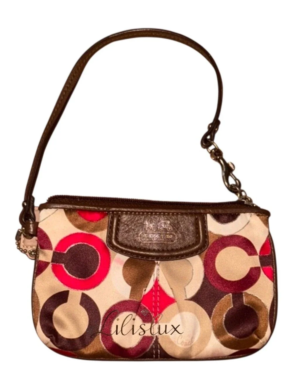 Coach Brown and Red OP Art Signature Satin And Leather Wristlet Vintage Y2K